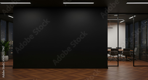 Modern black wall mockup in office with wooden floor and meeting room visible through glass wall on right side under ceiling lights at night,professional, indoor, architecture, ai, generative, illustr