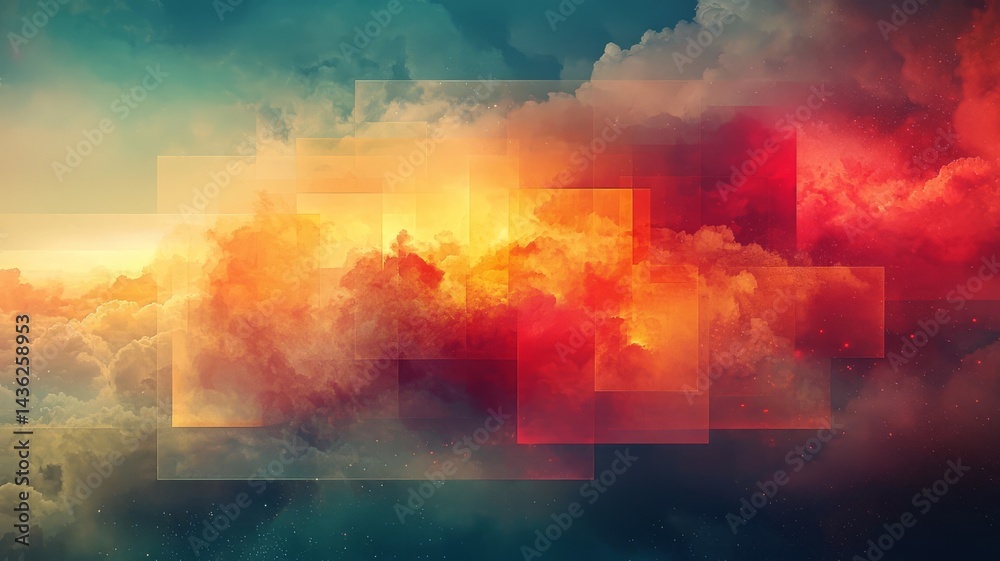Naklejka premium Vibrant abstract clouds with layered textures, showcasing a stunning sunset palette, perfect for backgrounds or creative projects.