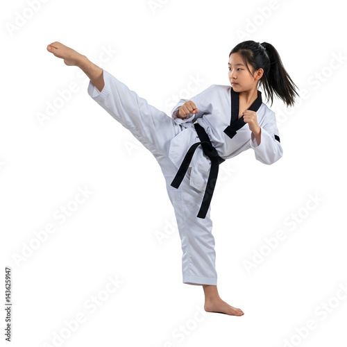 A young girl doing taekwondo kick isolated on a transparent background 