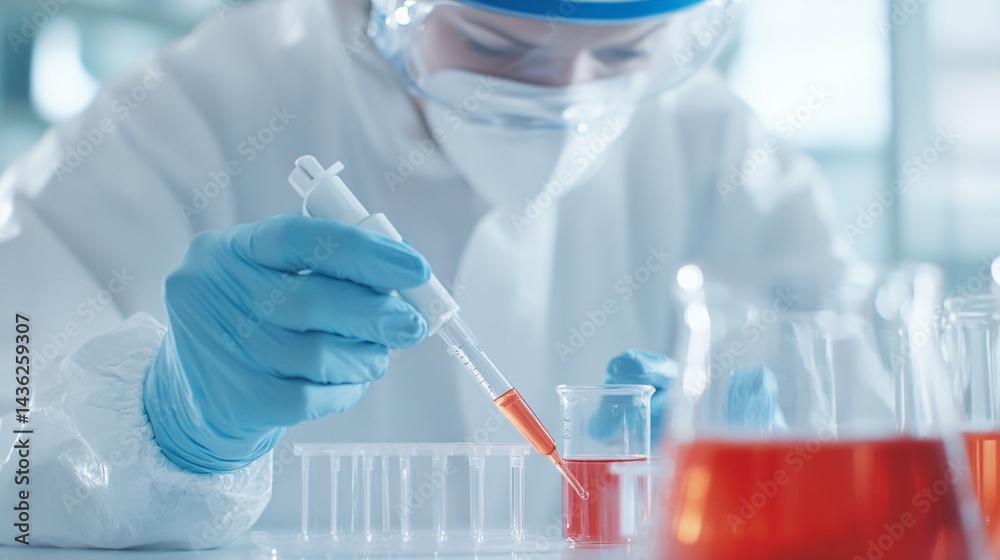 Scientist in lab, wearing gloves and goggles, working with test tubes, bright environment emphasizing research and discovery. Scientist in lab, wearing gloves and goggles, working with test tubes, bright environment emphasizing research and discovery.