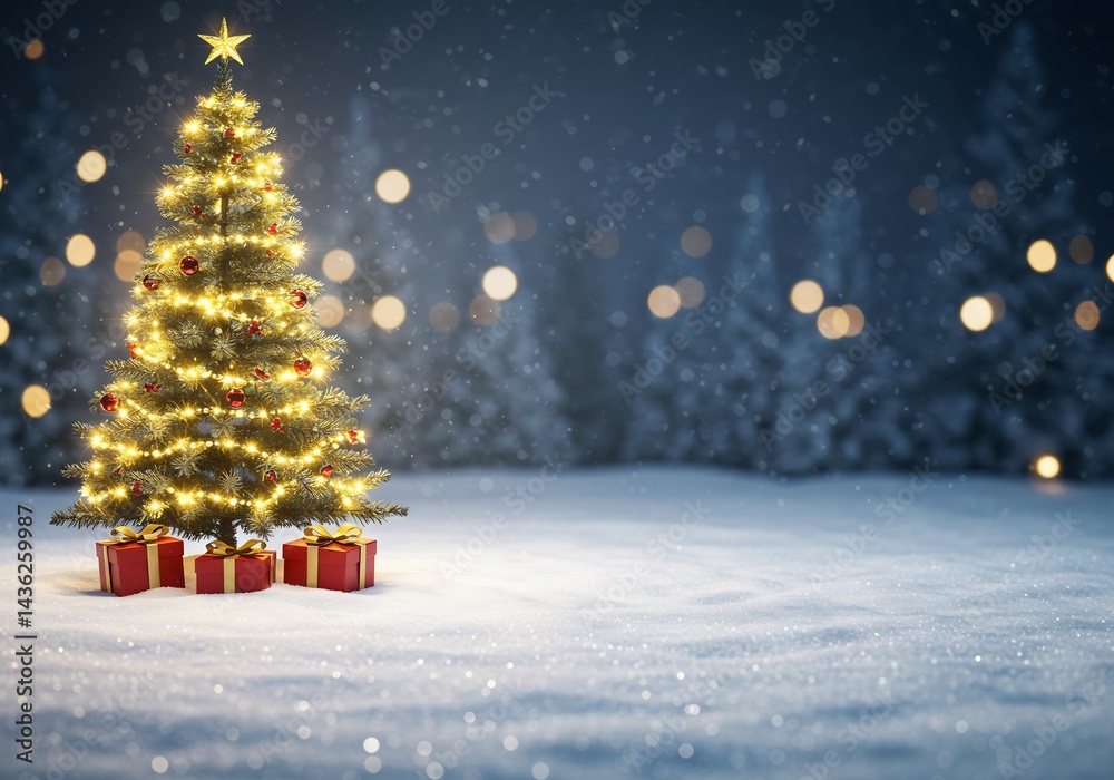 Obraz premium 静寂な夜、輝くクリスマスツリー 雪景色