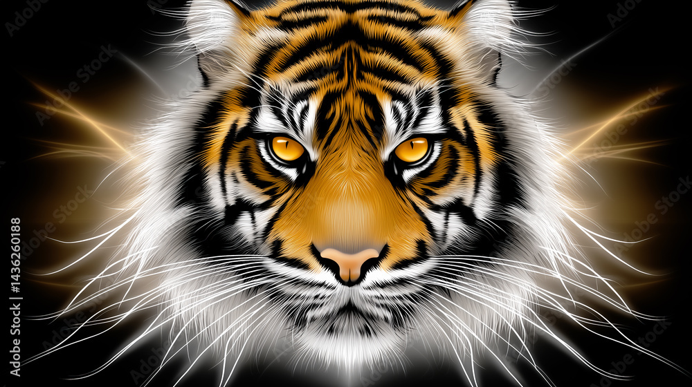 Obraz premium Intense tiger face close-up portrait with glowing light effects and luminous whiskers on black background
