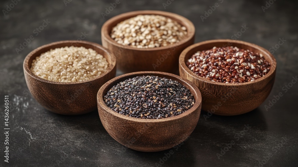 Four bowls of whole grains. A close-up view of four wooden bowls filled with different types of grains, including brown rice, quinoa, and others. Healthy and nutritious food Four bowls of whole grains. A close-up view of four wooden bowls filled with different types of grains, including brown rice, quinoa, and others. Healthy and nutritious food