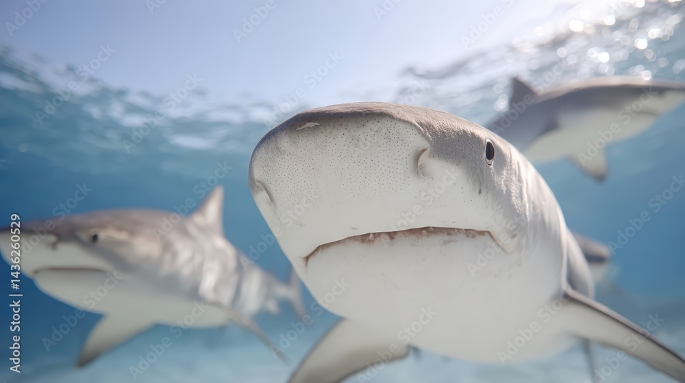 Naklejka premium Curious sharks gaze down at the camera from beneath the water surface in bright daylight