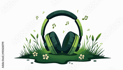 Oversized headphones resting on grassy surface, harmony with nature