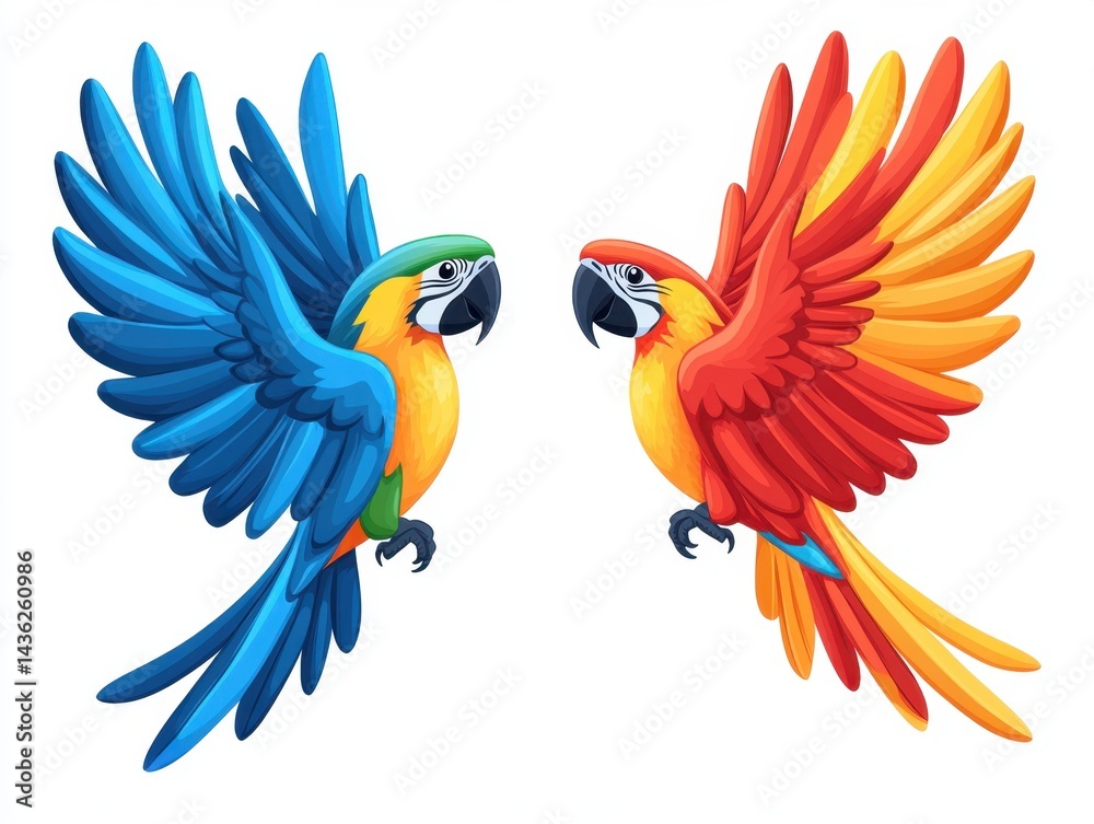Obraz premium Two vibrant macaws, one blue and one red-orange, face each other mid-flight, wings spread wide