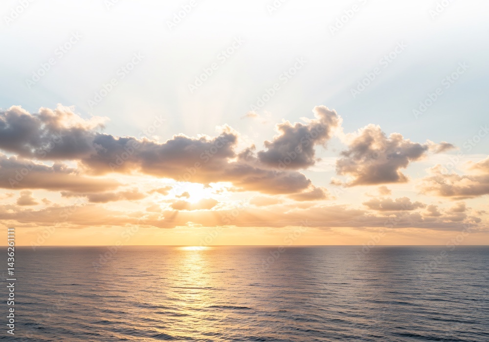 Naklejka premium 穏やか朝焼け海景色 水平線輝く金色の光