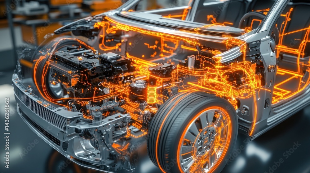 Fototapeta premium Electric Car Engine Diagram in Factory