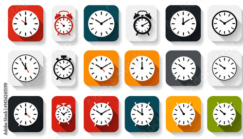 Clock Icons Collection Time Management Concept_Colorful Square Buttons Set_Flat Design Clocks and Alarm Icons for Business or Productivity Applications_Various Time Indicators