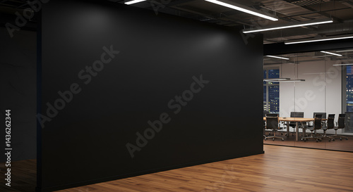 Modern black wall mockup in office with wooden floor and meeting room visible through glass wall on right side under ceiling lights at night,professional, indoor, architecture, ai, generative, illustr