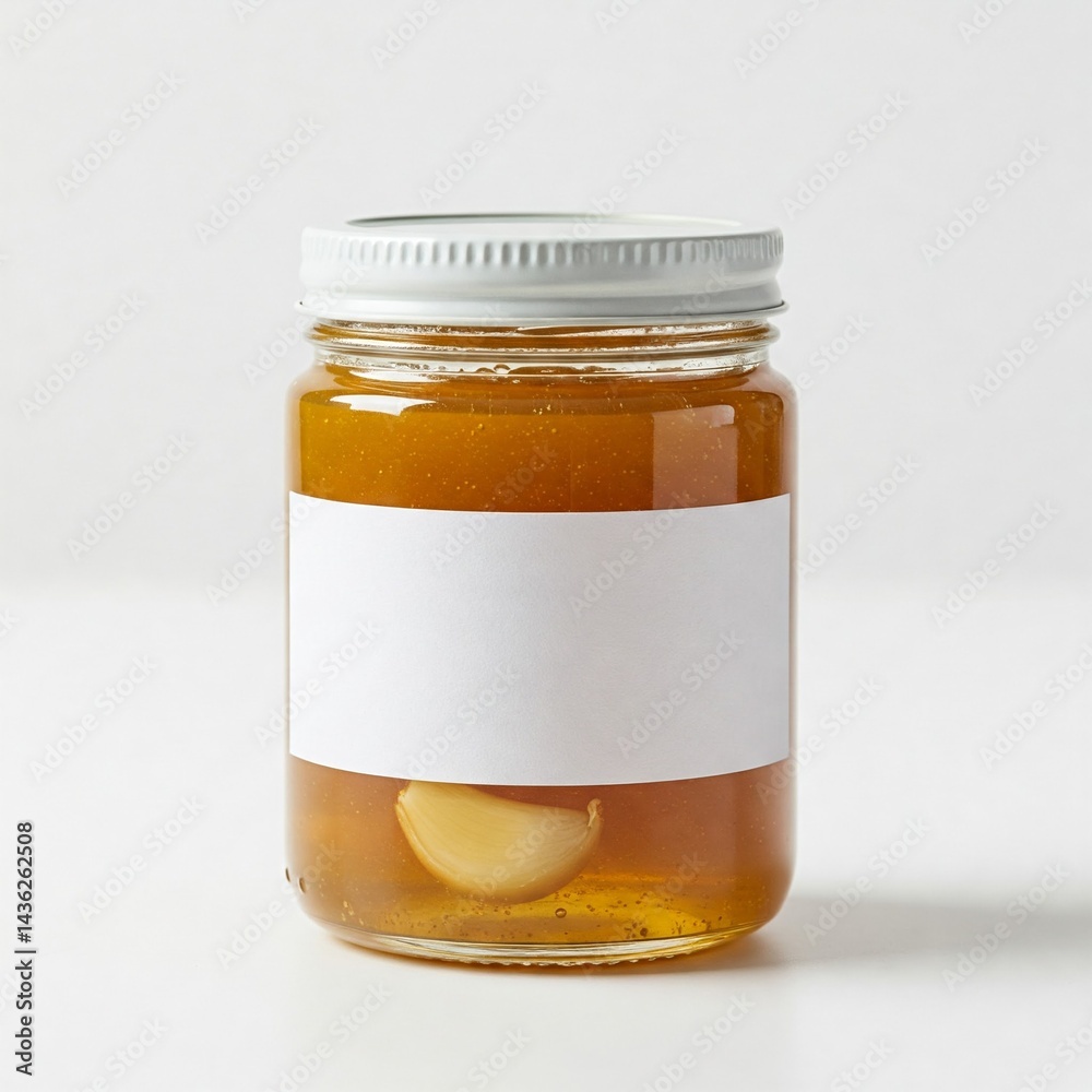 Garlic Honey Jar, Blank Label, Glass Container, Isolated on White Garlic Honey Jar, Blank Label, Glass Container, Isolated on White