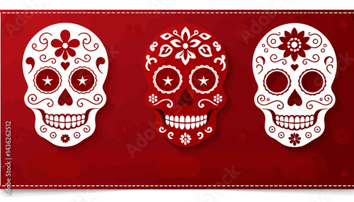 Day_of_the_Dead_Skulls_Traditional_Mexican_Dia_de_los_Muertos_Celebration_Sugar_Skull_Art_Colorful_Floral_Designs_and_Rich_Red_Background_Festive_Occasion
