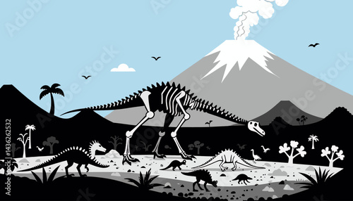 Dinosaur_Skeletons_and_Silhouettes_in_Prehistoric_Landscape_Vector_Illustration_Featuring_Volcano_Trees_and_Flying_Reptiles_for_Educational_and_Creative_Projects