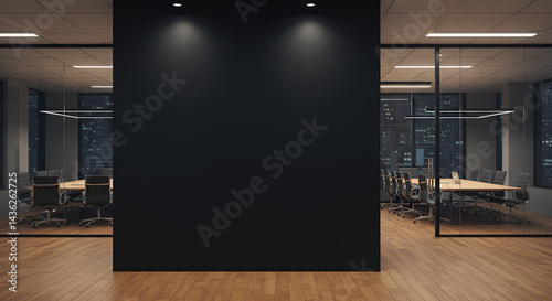 Modern black wall mockup in office with wooden floor and meeting room visible through glass wall on right side under ceiling lights at night,professional, indoor, architecture, ai, generative, illustr