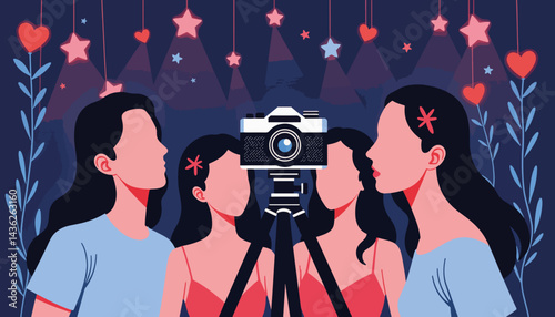 Joyful friends capturing memories at prom night, celebration spirit