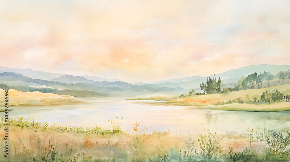 Obraz premium A painting of a lake with mountains in the background