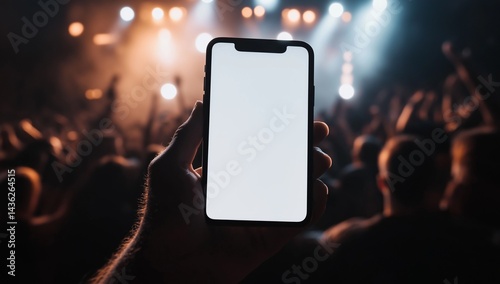 Hand holding smartphone with blank screen at concert