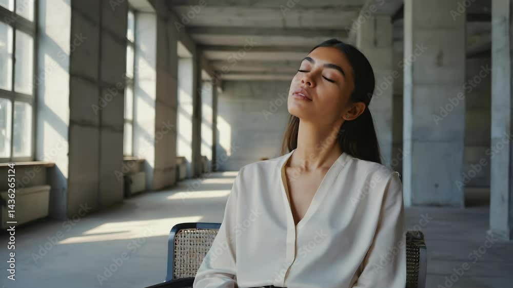 Elegant woman sits in chair with eyes closed in industrial interior bathed in sunlight, evoking tranquility, mindfulness and peace Elegant woman sits in chair with eyes closed in industrial interior bathed in sunlight, evoking tranquility, mindfulness and peace
