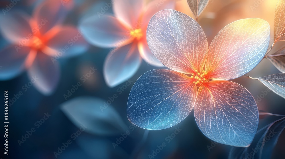 Fototapeta premium Delicate glowing flowers in soft focus, radiating warmth and tranquility, perfect for nature-themed designs and wellness branding.