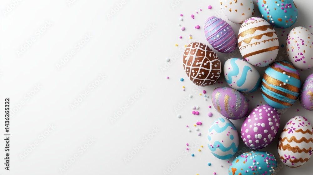 Fototapeta premium Brightly colored easter eggs arranged on a white background with decorative sprinkles