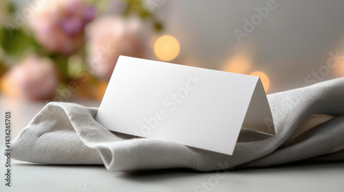 Blank white place card on soft fabric with romantic floral background and warm bokeh lights, elegant wedding or event invitation concept