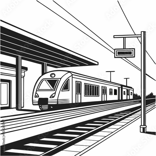 Minimalist Black and White Train at Station Vector Illustration