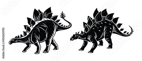 Stegosaurus dinosaur pair silhouette  black & white prehistoric graphic illustration on a white background