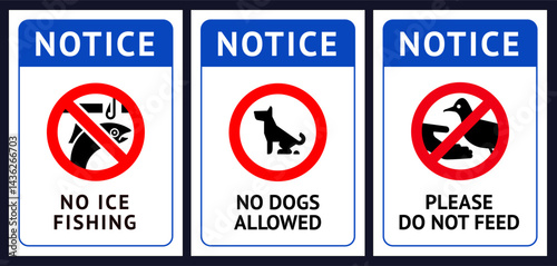 Prohibited label No dog fouling, No fishing, Do not feed birds, forbidding sticker set