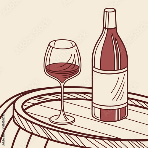 Elegant Wine Glass and Bottle on a Table Vector Illustration