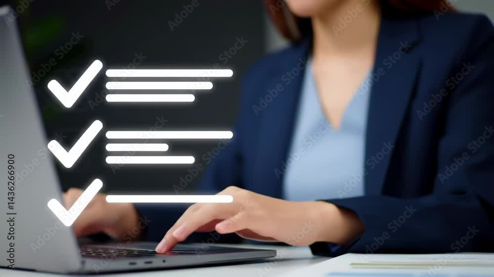 Businesswoman using laptop with digital checklist for project management concept
