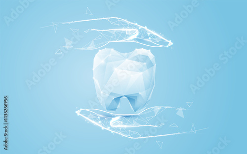 Digital Hands Protecting a Polygonal Tooth on Blue Background