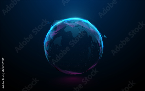 Futuristic Digital Earth Globe in Polygonal Style on Dark Background