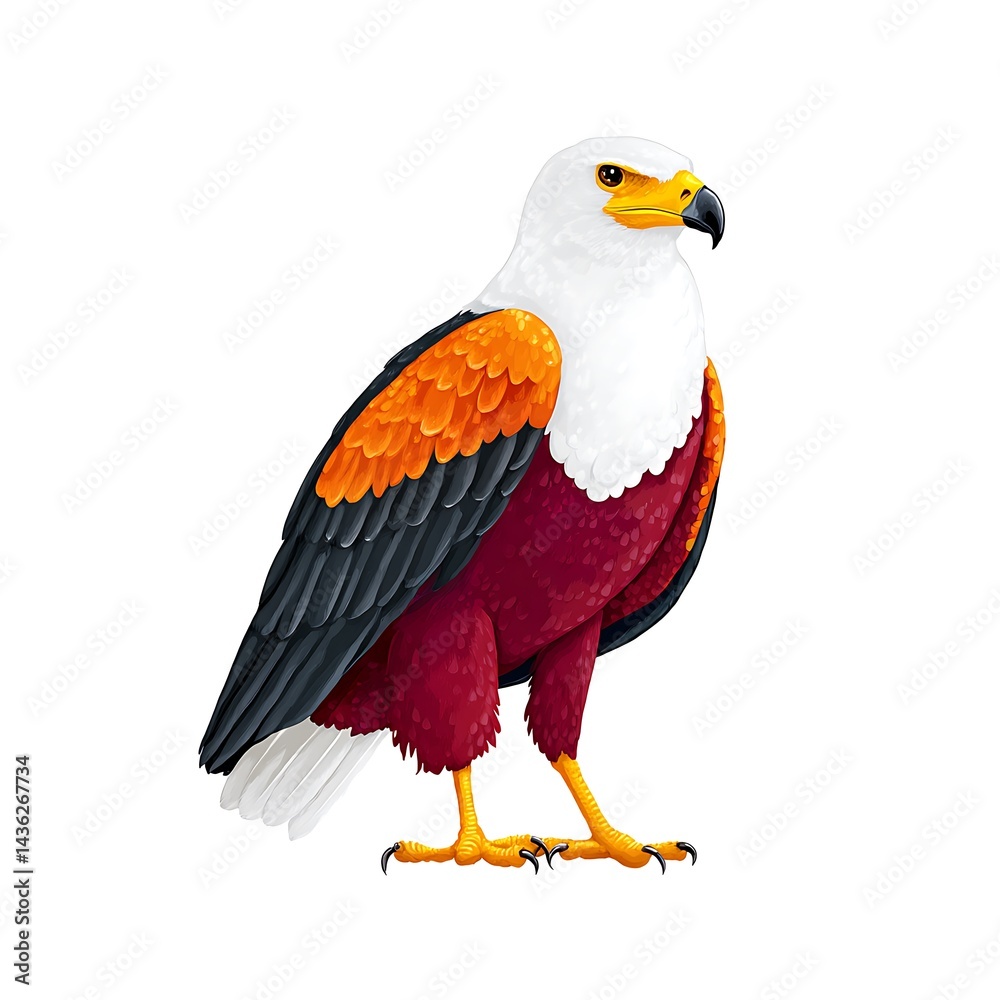 Fototapeta premium Majestic bird, maroon, white, & orange plumage, sharp gaze, powerful talons
