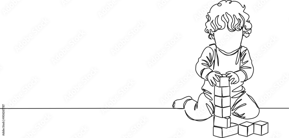 Fototapeta premium continuous single line drawing of young child playing on floor with toy blocks, line art vector illustration