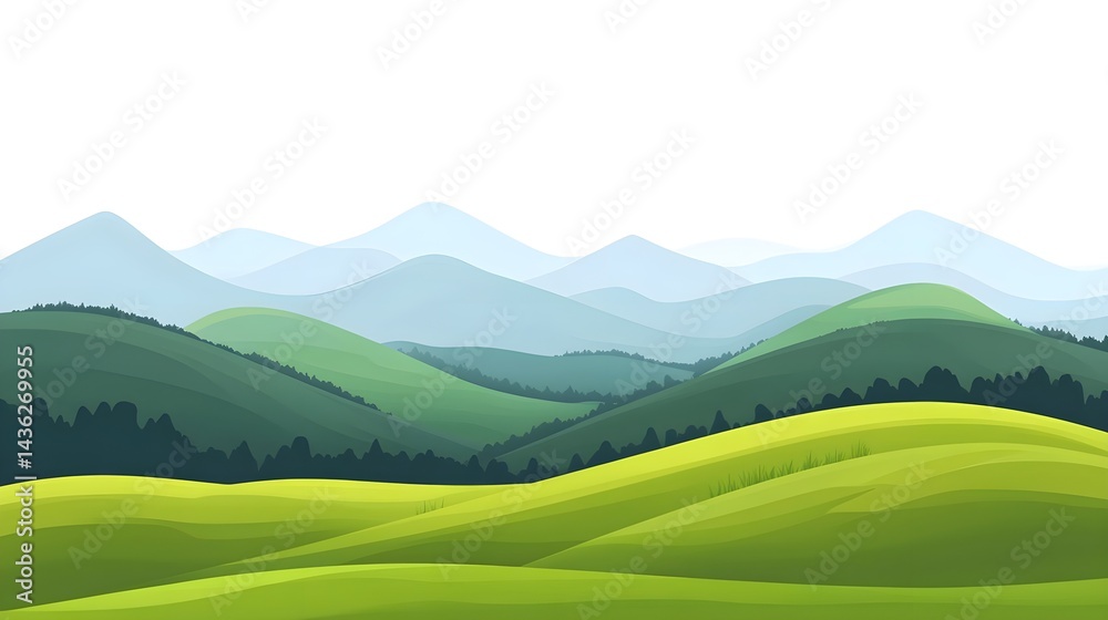 Foggy Green Grasslands Under a Clear Sky in a Vector Illustration Foggy Green Grasslands Under a Clear Sky in a Vector Illustration