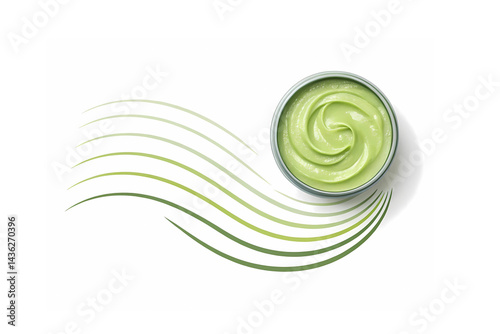 Luxurious green matcha face mask in a tin swirled cream texture spa treatment natural beauty product calming and refreshing skincare with elegant green wave design studio shot clean background