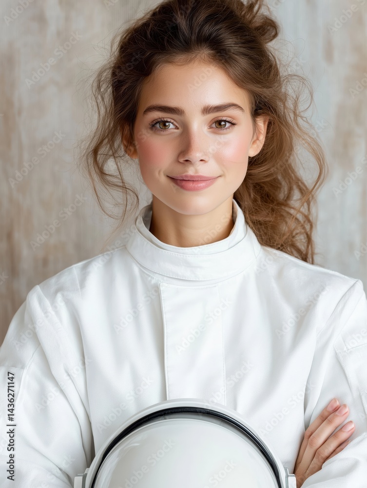 Confident female astronaut in spacesuit holding a helmet with a neutral expression isolated on white background