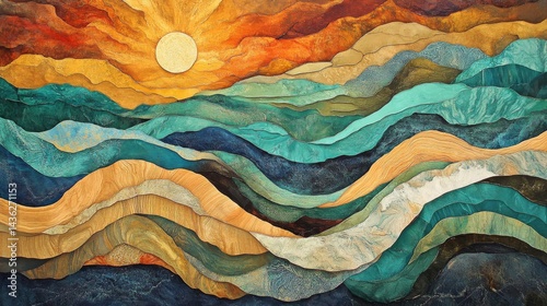 Abstract Landscape Painting with Sunset and Ocean Waves