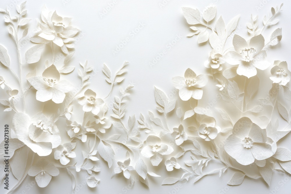 Elegant white paper flowers and leaves in a decorative arrangement. Elegant white paper flowers and leaves in a decorative arrangement.