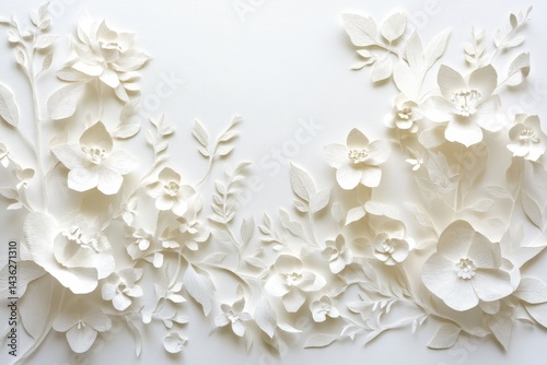 Elegant white paper flowers and leaves in a decorative arrangement.