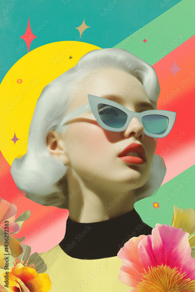 colorful retro collage of stylish silver haired woman wearing blue cat eye sunglasses with flower elements and vibrant colorful background