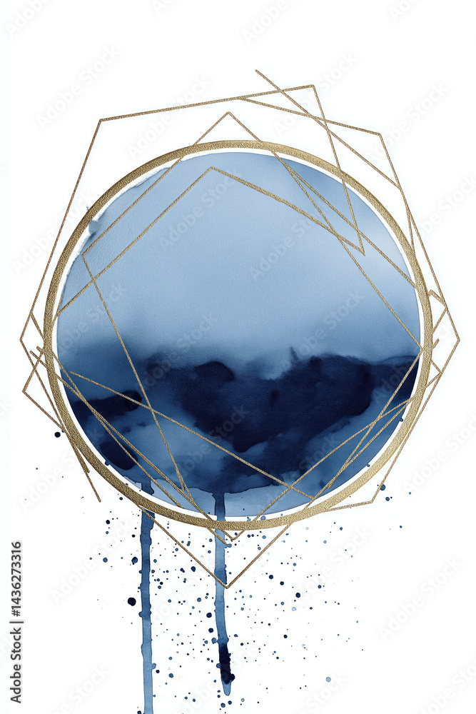modern abstract navy blue watercolor painting with geometric gold frame splatter design on white background