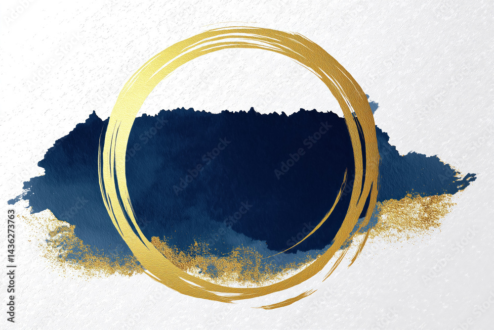 abstract navy blue watercolor brushstroke with textured gold circle design on soft white artistic background