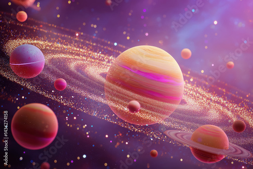 Obraz na płótnie colorful pink holographic solar system with dreamy planets orbiting in vibrant cosmic galaxy space scene w salonie