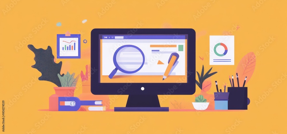 Creative workspace featuring computer and tools on yellow background