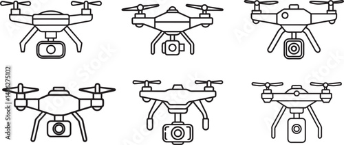 set of drone with camera line art, black outline, vector and illustration, coloring book page line art drawing