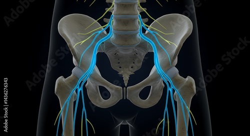 Anatomical illustration of pelvic structure with nerve distribution and bone detail