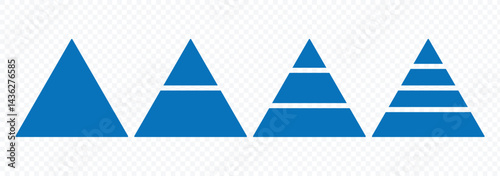 Triangular pyramid infographic vector icon set.Blue pyramid infographic templates collection. Pyramid charts with 3, 4, 5, 6, 7, 8 steps, options, layers, levels. Development level infographic. 