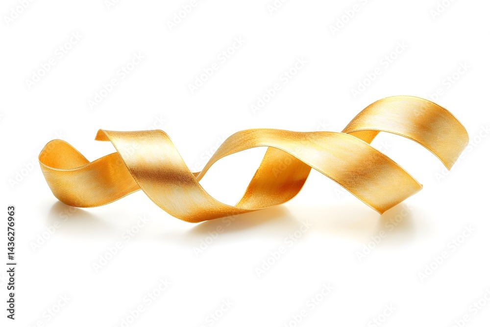 Close up of a golden ribbon swirling on a bright white surface isolated on white background Close up of a golden ribbon swirling on a bright white surface isolated on white background