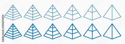 Triangular pyramid infographic vector icon set.Blue pyramid infographic templates collection. Pyramid charts with 3, 4, 5, 6, 7, 8 steps, options, layers, levels. Development level infographic. 